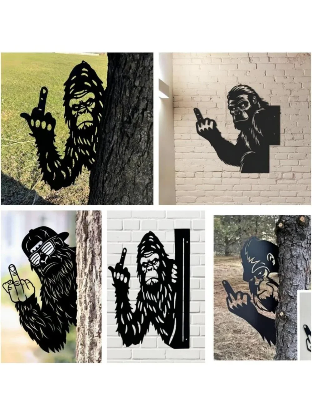 Funny Bigfoot Metal Wall Art - Large Peeking Middle Finger Sign for Garden Decor